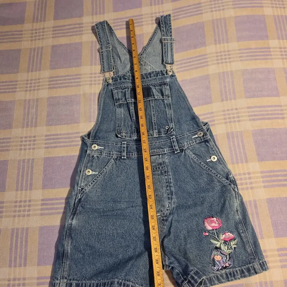 Vtg Eeyore Denim Womens Disney Overall Shorts Winnie The Pooh 90s Y2k Flowers - Picture 5 of 9